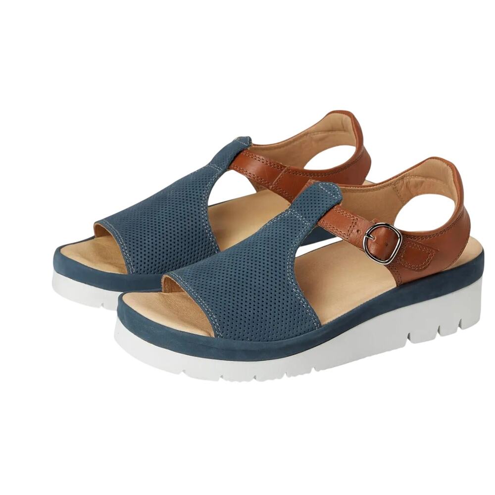 Samuel Hubbard Womens Portola T-Strap Sandals US 6.5 M Blue Brown Nubuck EUC